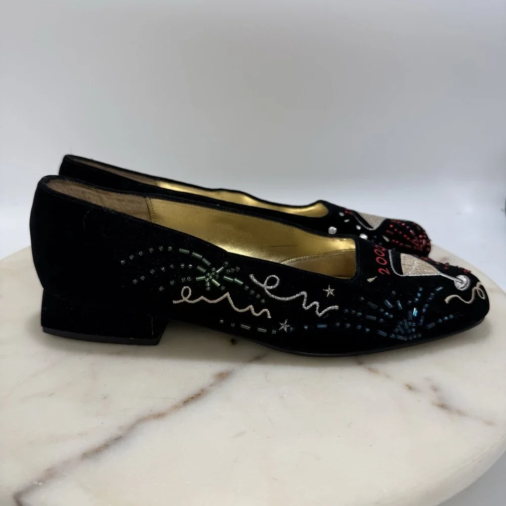 Vintage Y2K New Year 2000 Beaded Velvet Leather Sole Block Pumps Black 6.5M